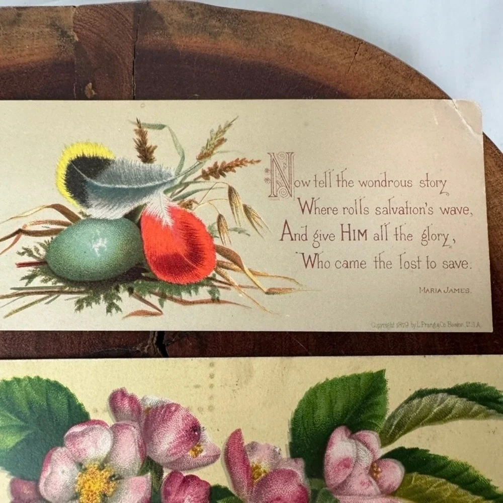 Antique Victorian Cards Ephemera L Prang Co Chromolithograph Floral Cherub 1880s